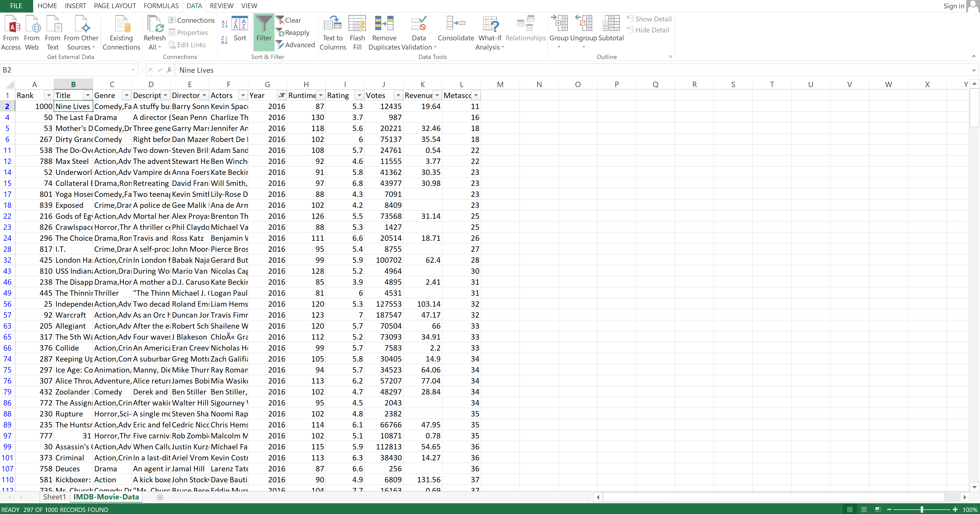 filtering results in Excel