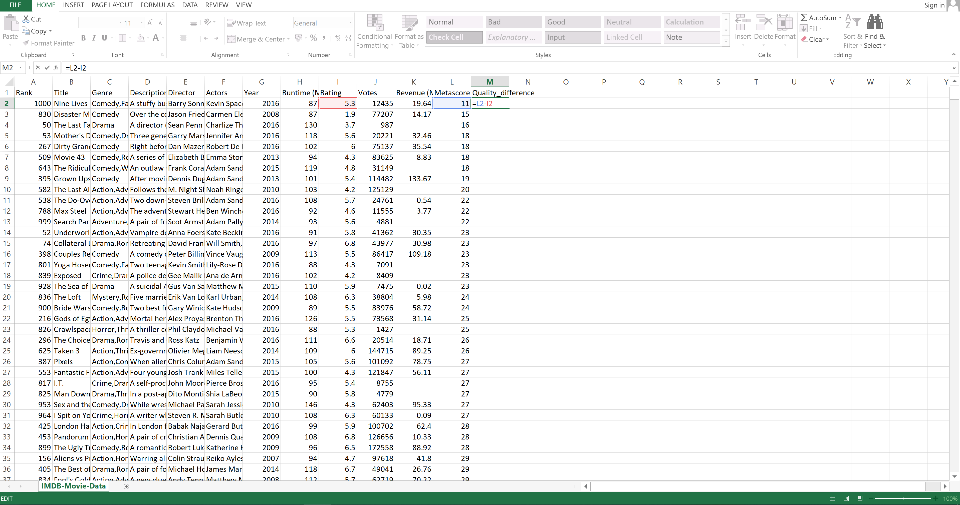 substracting data in Excel