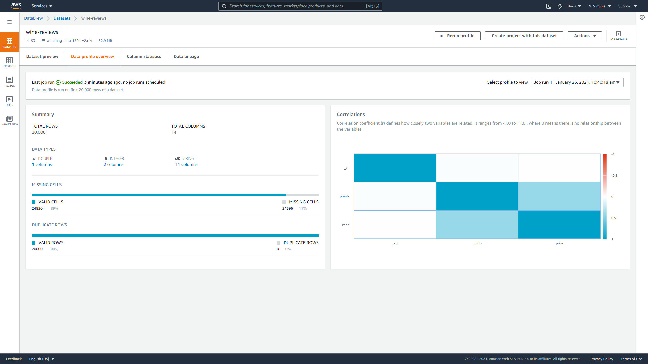 DataBrew Data profile