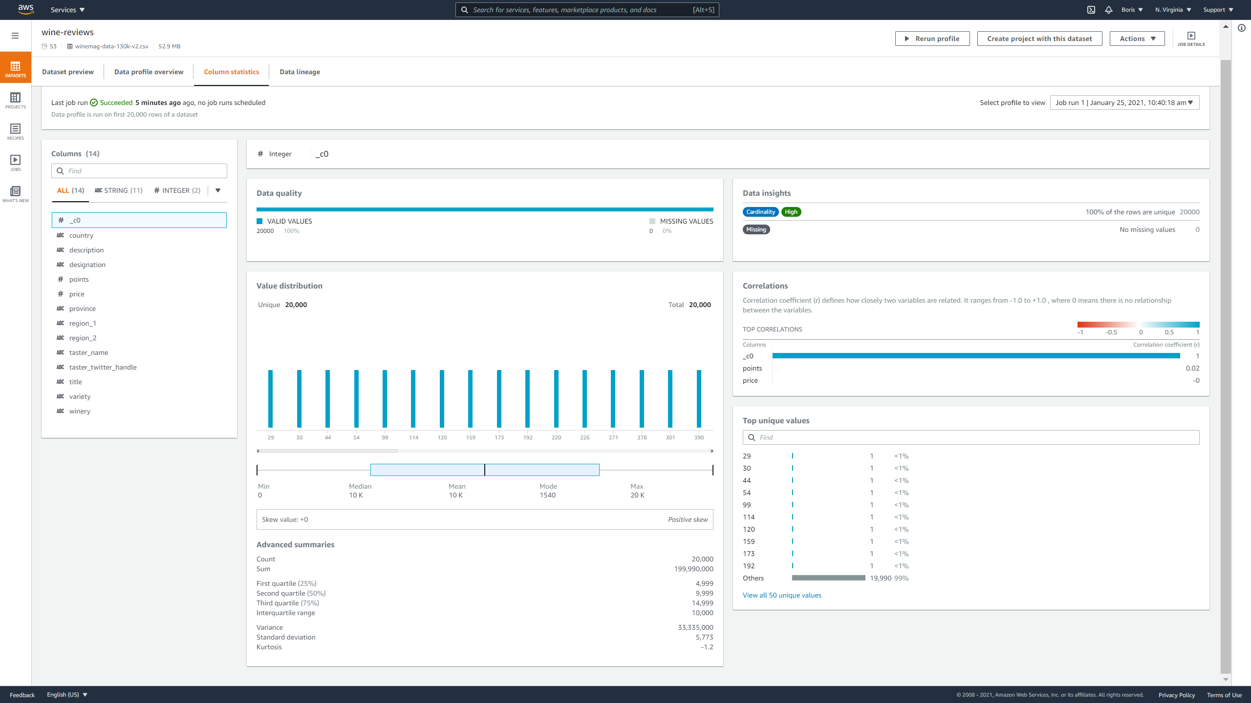 DataBrew column statistics