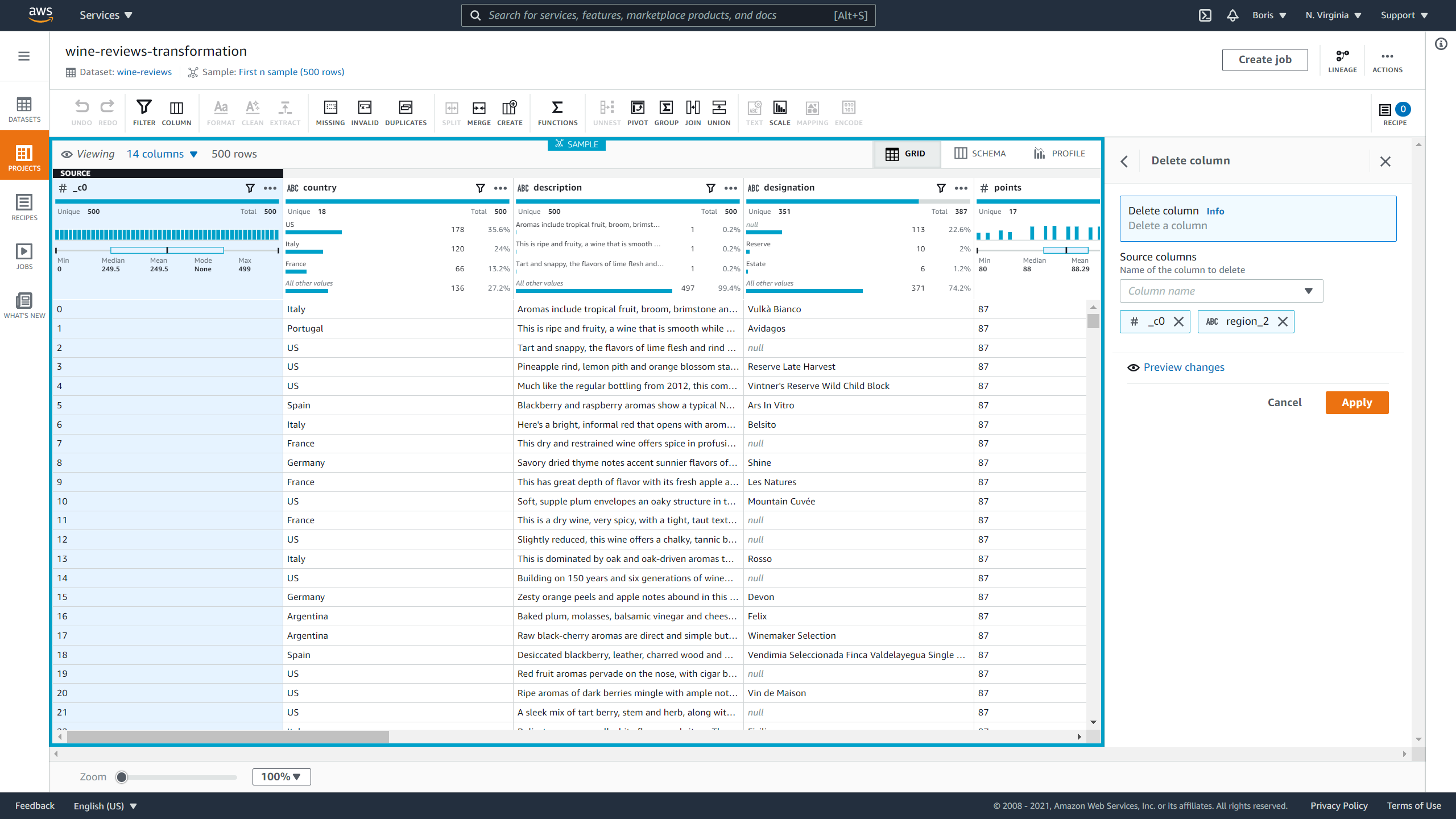 DataBrew delete column