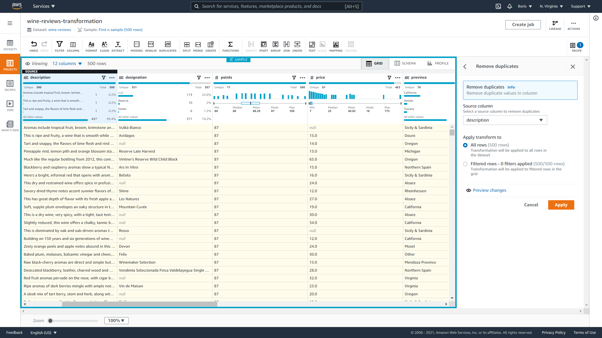 DataBrew remove duplicates