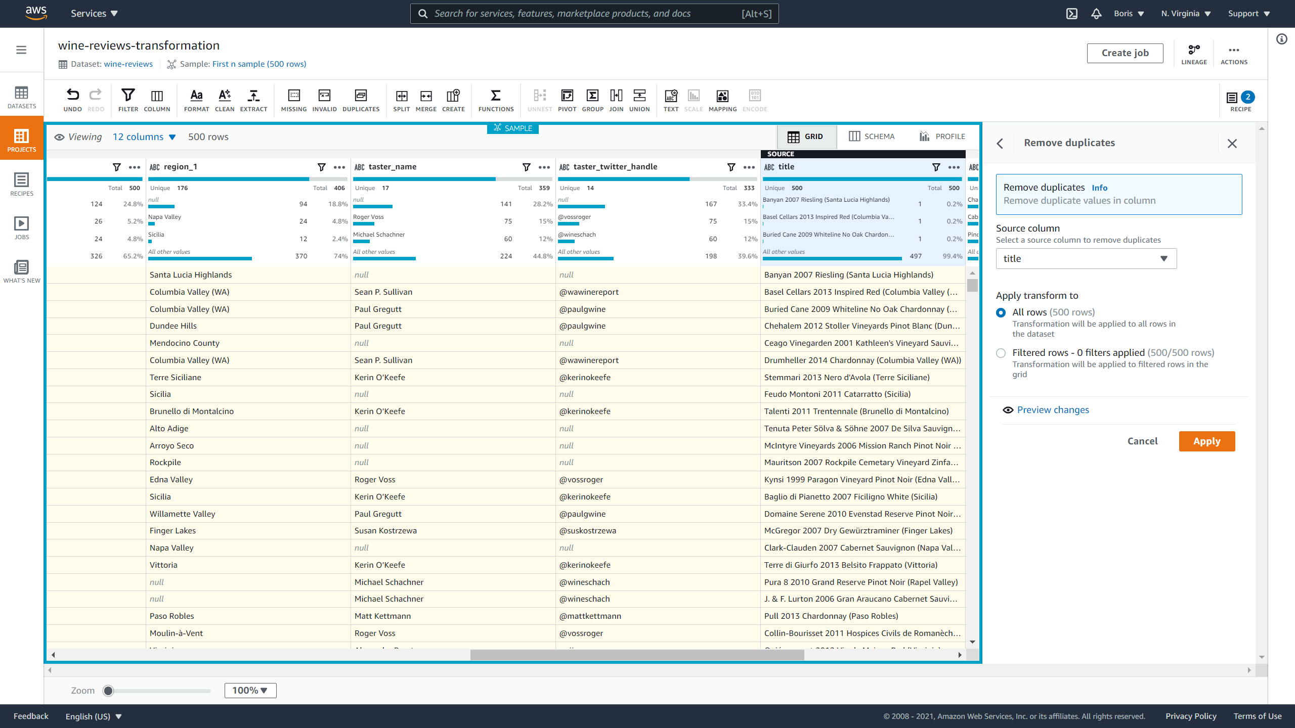 DataBrew select column remove duplicates