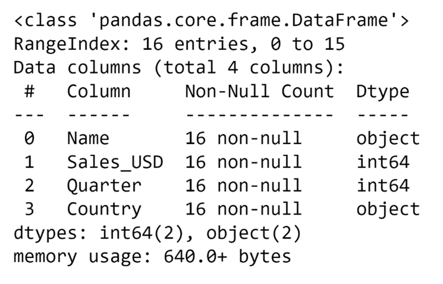 Pandas DataFrame using the Info() method