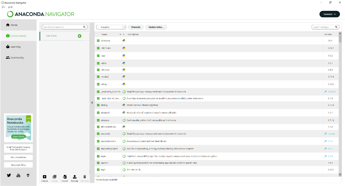 Screenshot of the Anaconda Navigator Environments tab.