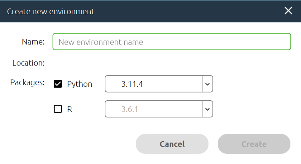 Screenshot of the "Create new environment" pop-up window.
