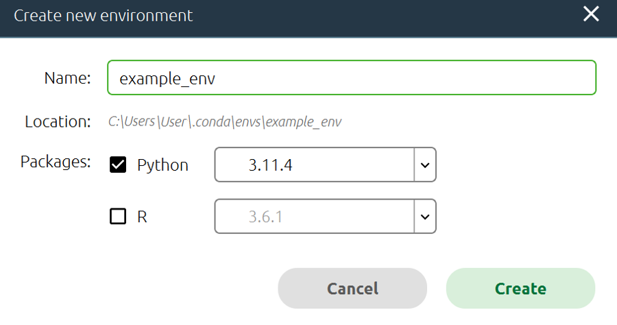 A screenshot of the "Create new environment" pop-up with the name defined as "example_env".
