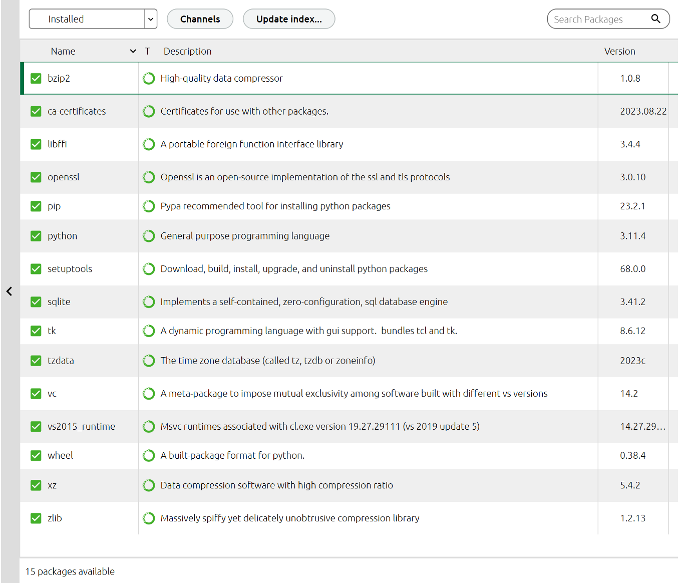 A screenshot of the example_env environment in Anaconda Navigator.