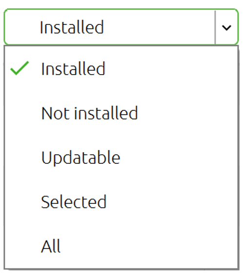 A screenshot of the Anaconda Navigator Environments tab drop-down menu. Options: Installed, Not installed, Updatable, Selected, and All.