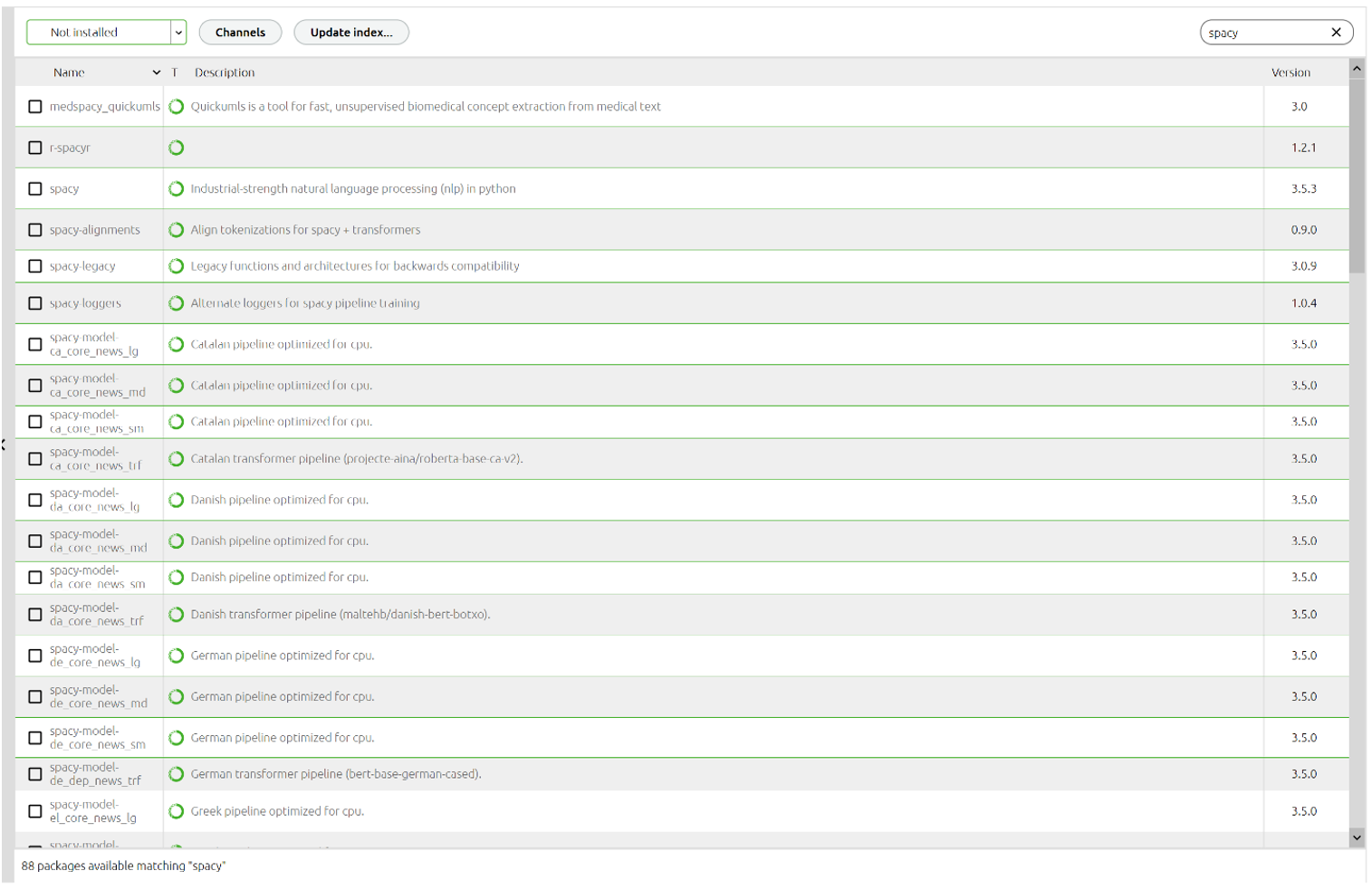 A screenshot of the search results for "spacy". A list of 88 packages containing the term "spacy".