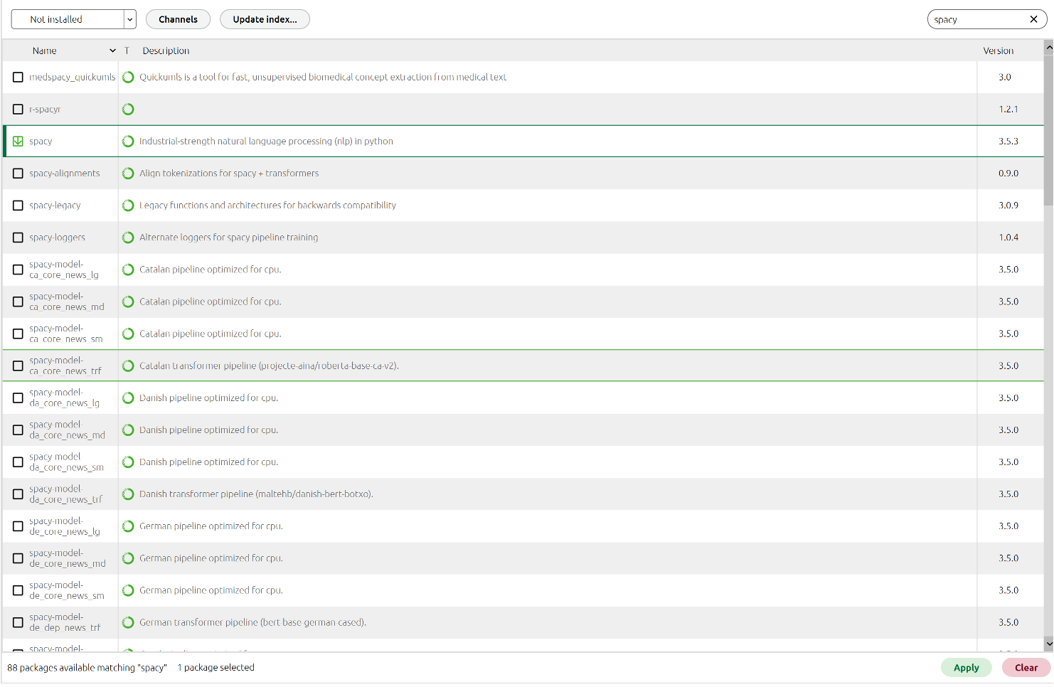 A screenshot of the search results for "spacy". The box next to the base SpaCy package has a green tick mark.