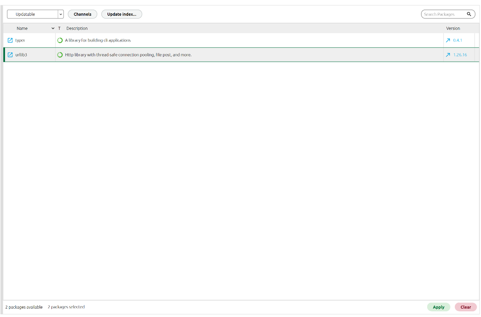 A screenshot of the Environments tab displaying Updateable packages with green tick marks next to them. At the bottom of the screen there are two buttons: "Apply" and "Clear". 