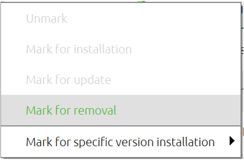 A screenshot of a drop-down menu with options "Unmark," "Mark for installation,"Mark for update," "Mark for removal," and "Mark for specific version installation."