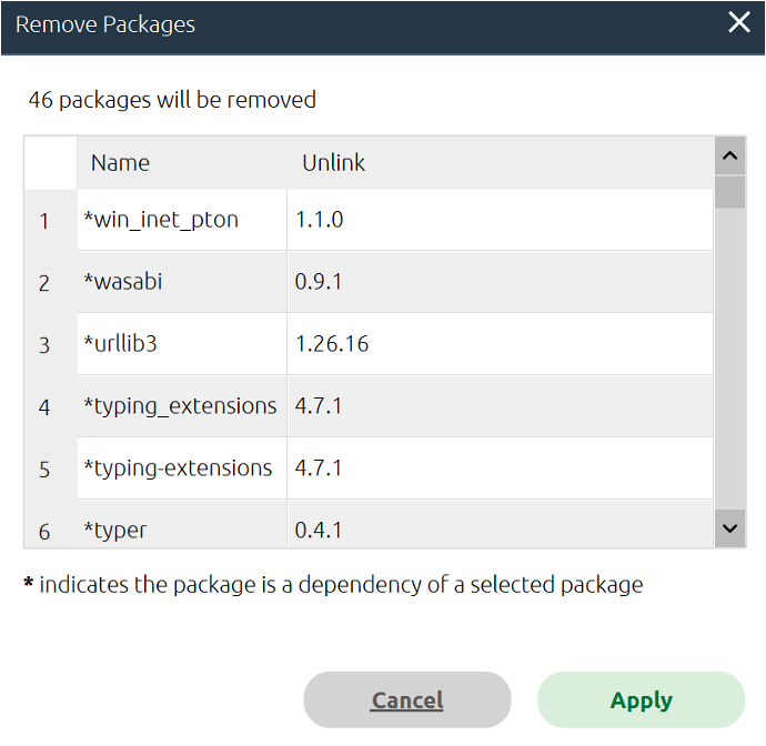 A screenshot of the "Remove Packages" pop-up, listing 46 packages to be removed. At the bottom of the screen there are two buttons: "Cancel" and "Apply."