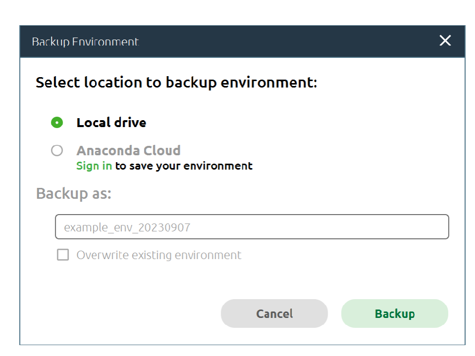 A screenshot of the "Backup Environment" pop-up window. 