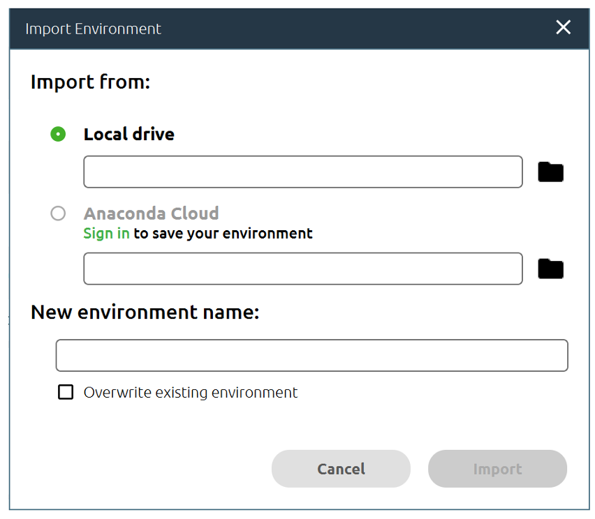 A screenshot of the "Import Environment" window.