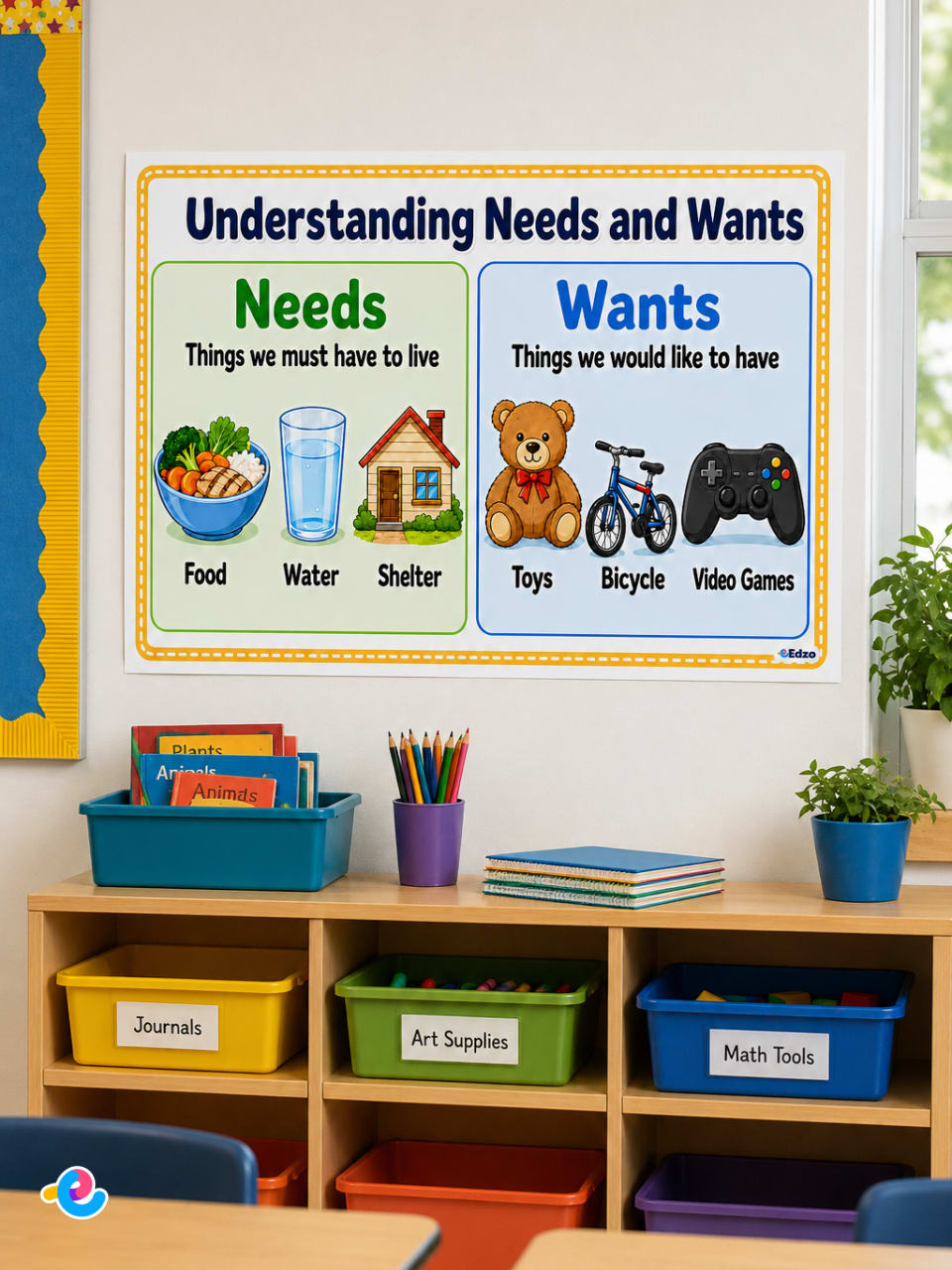 Classroom educational poster titled 'Understanding Needs and Wants' showing illustrated examples of needs (food, water, shelter) and wants (toys, bicycle, video games) on a classroom wall.