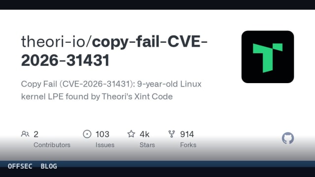 copy-fail-CVE-2026-31431 for studying a nine-year-old Linux kernel privilege escalation