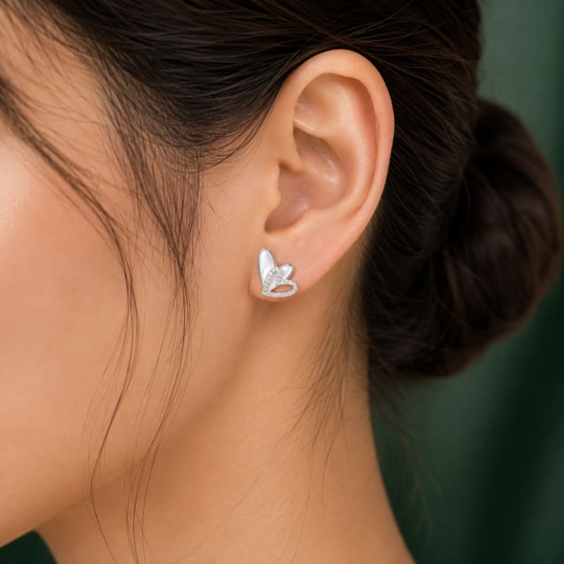 Twin heart Crysta silver stud - view 3