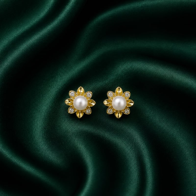 Pearl with flower gold plated stud