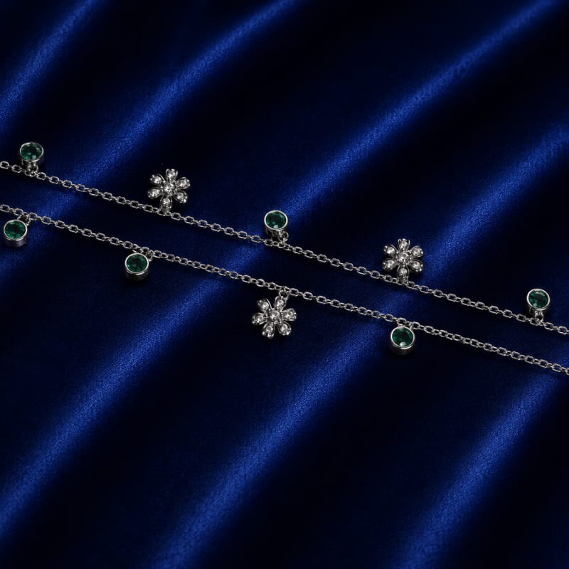 Flower with green stone silver anklets