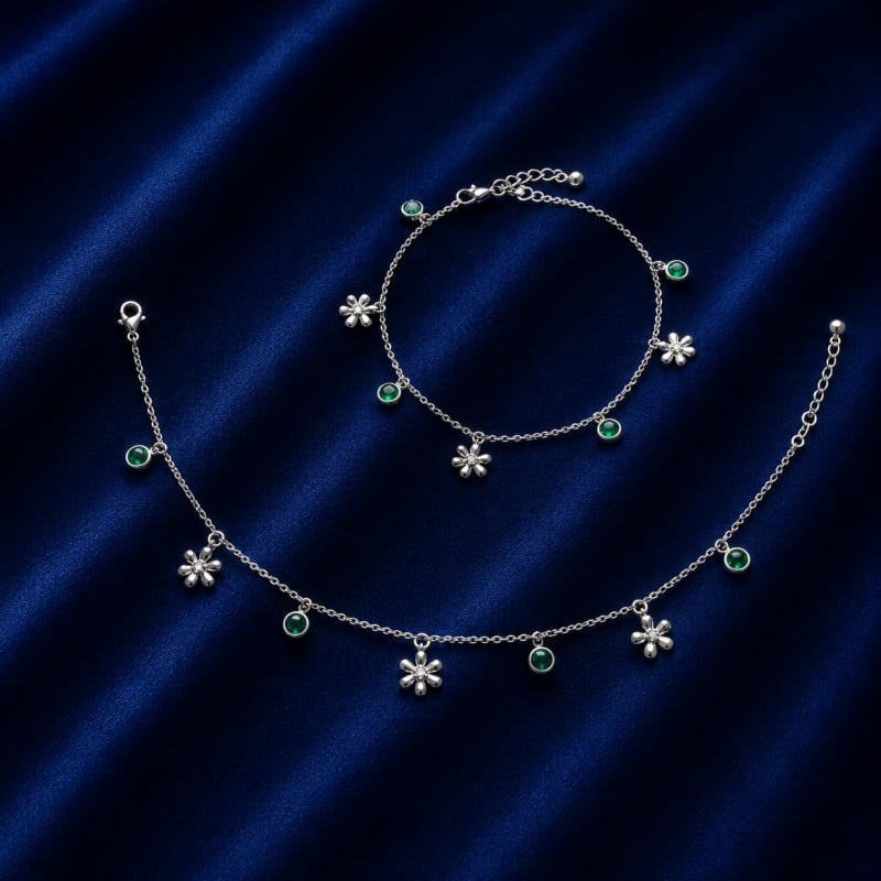 Flower with green stone silver anklets - view 3
