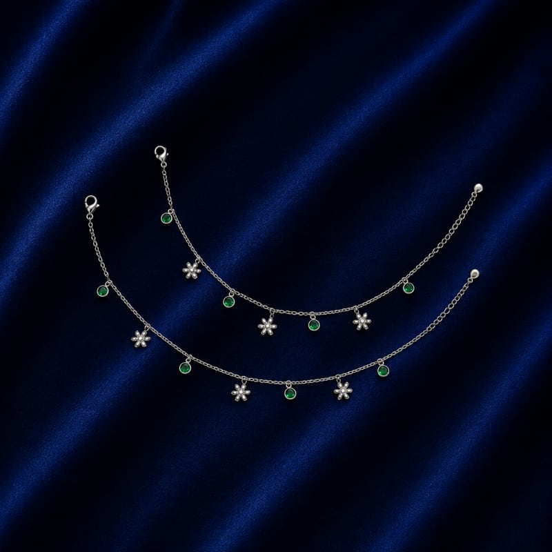 Flower with green stone silver anklets - view 2