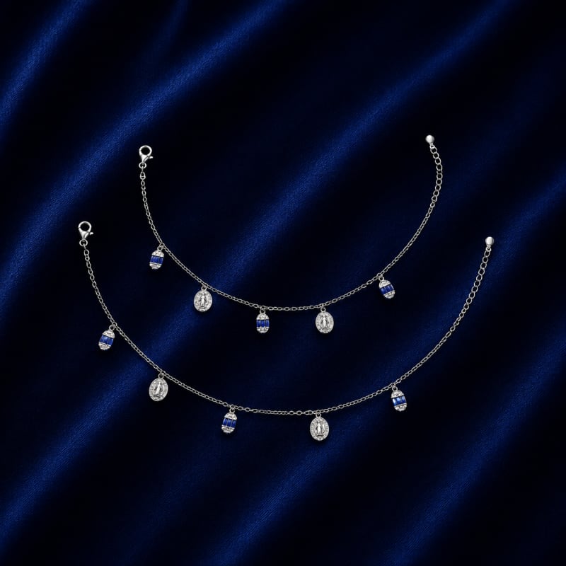 White with blue stone silver anklets - view 3