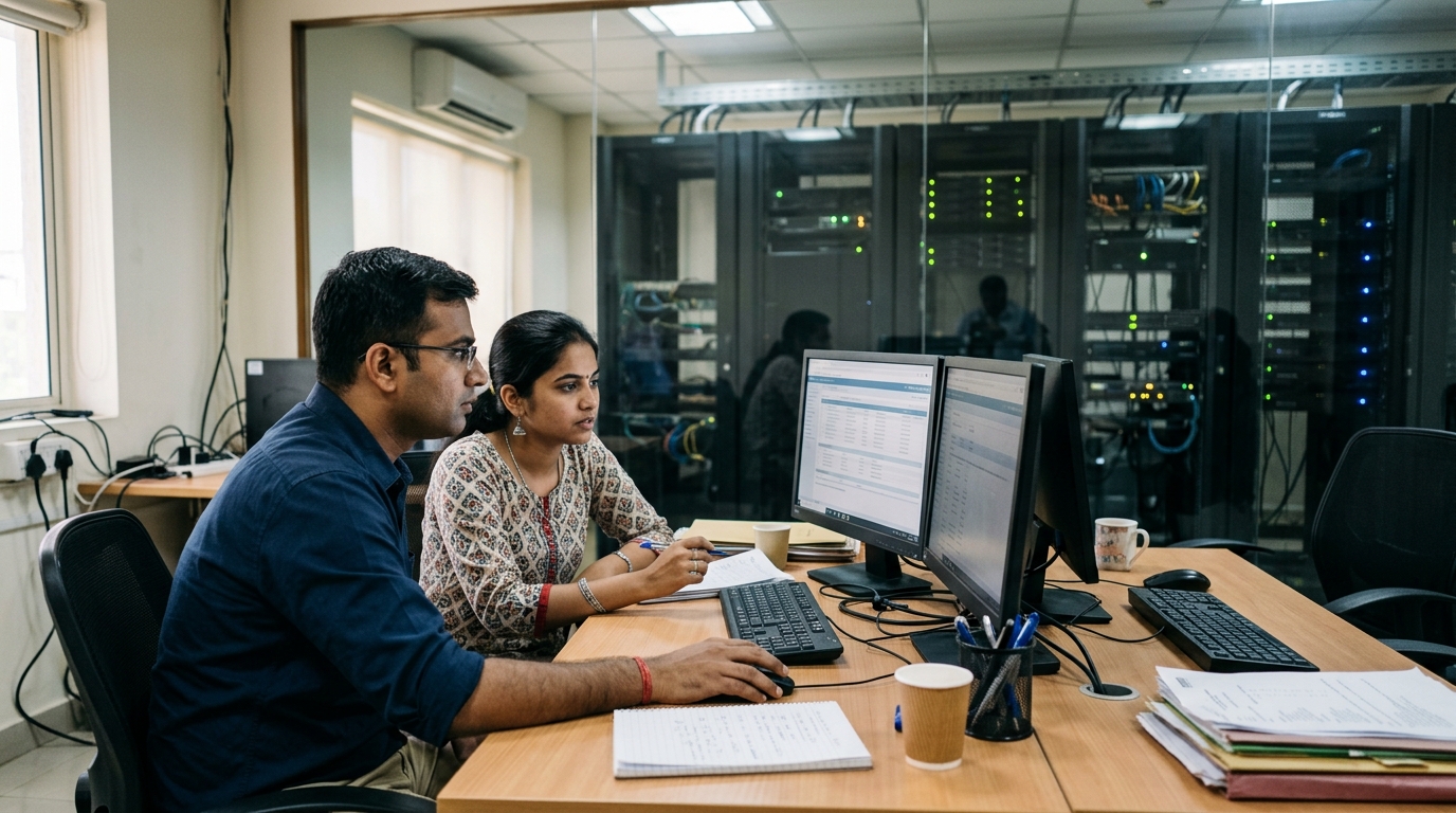 Hospital IT security and data compliance team monitoring electronic medical records in a modern diagnostic server facility