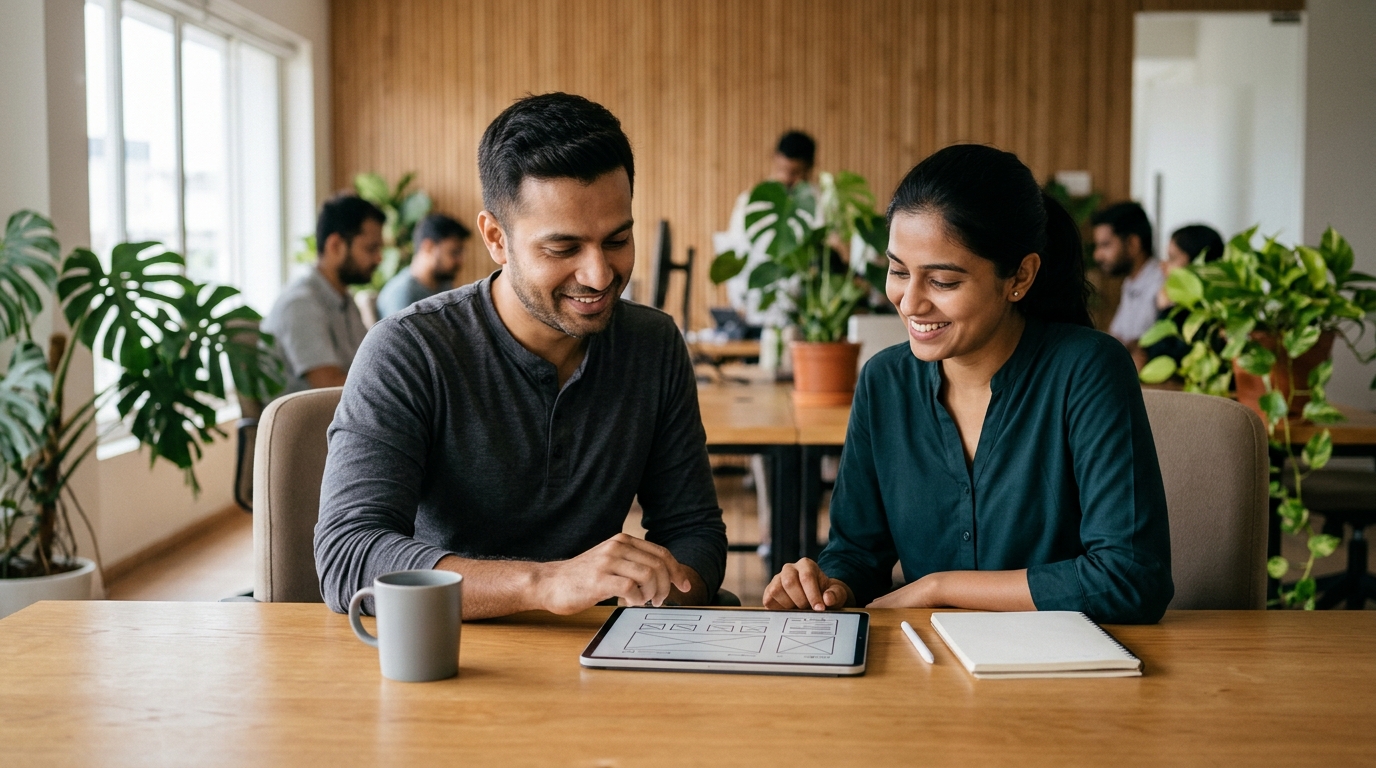 Indian software engineering and product design team collaborating on privacy-by-design consent wireframes in a modern technology studio