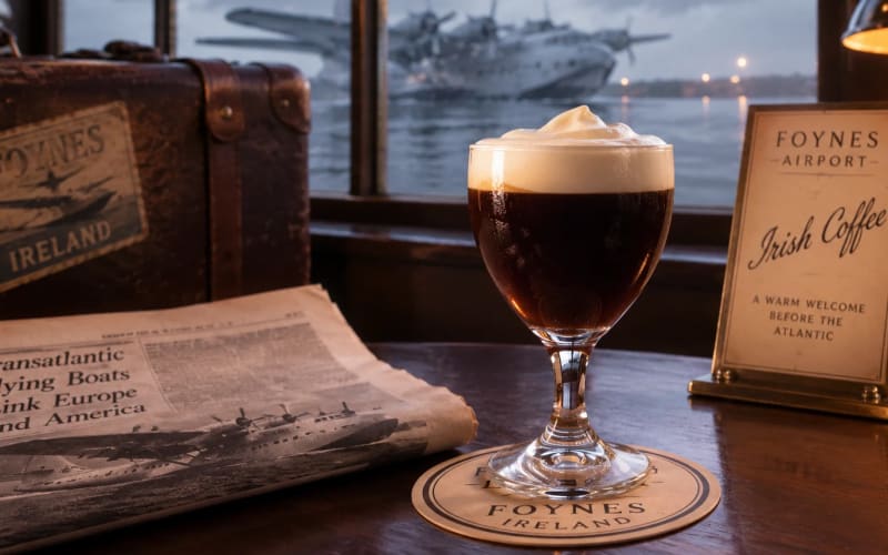 Irish coffee in Foynes with a transatlantic flying boat, inspired by the story of how Irish coffee was invented in 1943