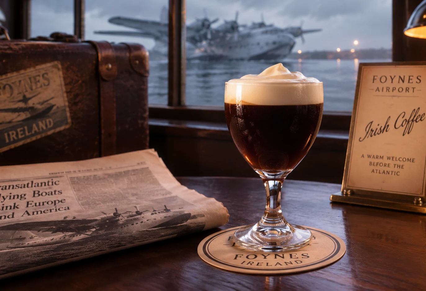 Irish coffee in Foynes with a transatlantic flying boat, inspired by the story of how Irish coffee was invented in 1943