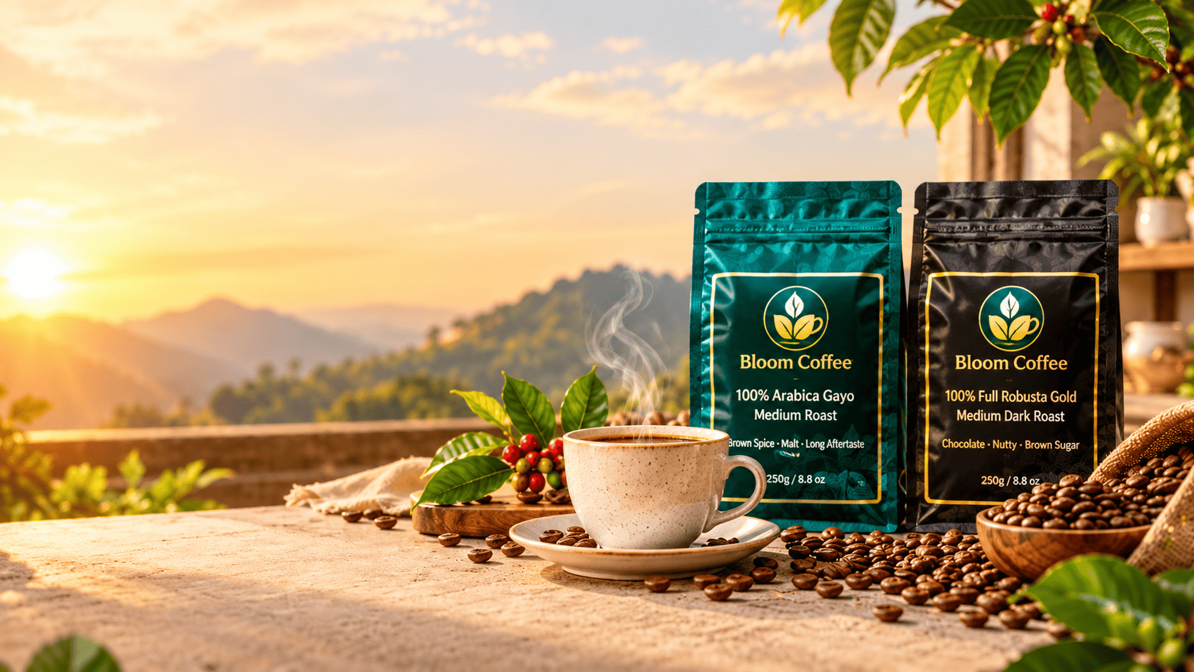 Bloom Coffee Arabica Gayo and Robusta Gold coffee bags with freshly brewed coffee in warm morning light