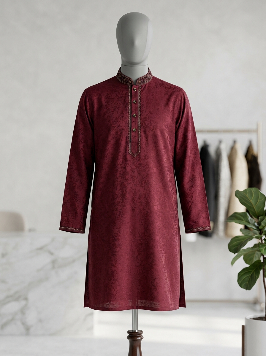 Burgundy Jacquard Floral Weave Panjabi