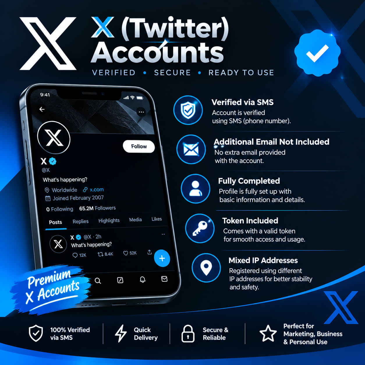 Premium X (Twitter) Accounts | SMS Verified | Complete Profile | Token Included | Mixed IP