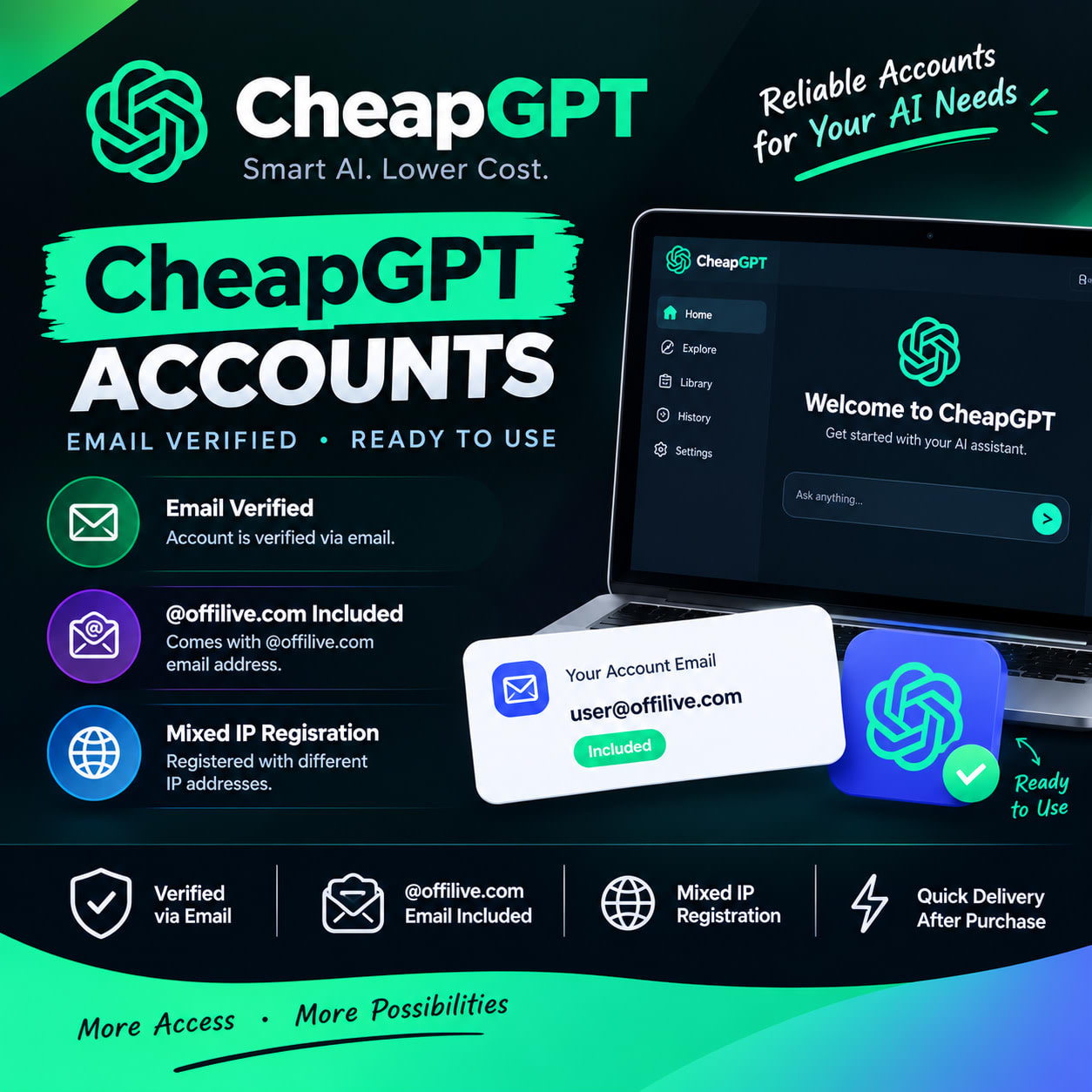 CheapGPT Accounts | Email Verified | @offilive.com Email Included | Mixed IP Registration
