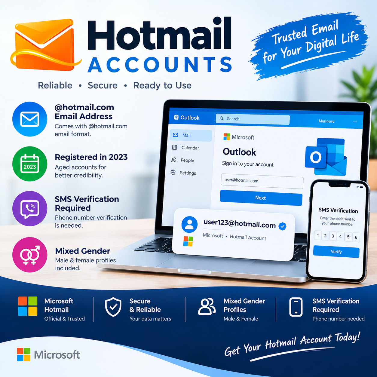 Hotmail Accounts 2023 | Aged Microsoft Email Accounts | Mixed Gender | SMS Verification Required