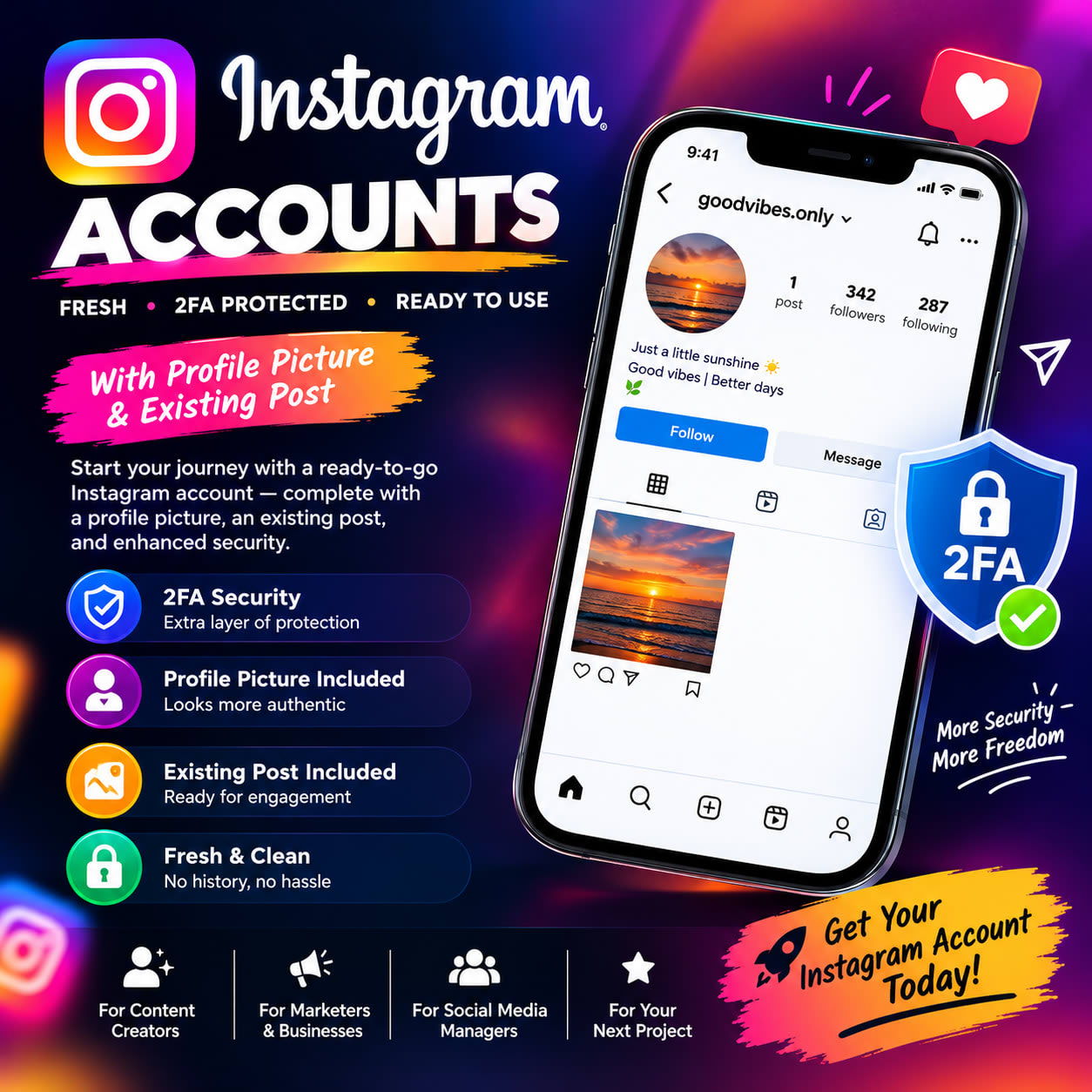 Fresh Instagram Accounts – 2FA Protected, Profile Picture & Post Included
