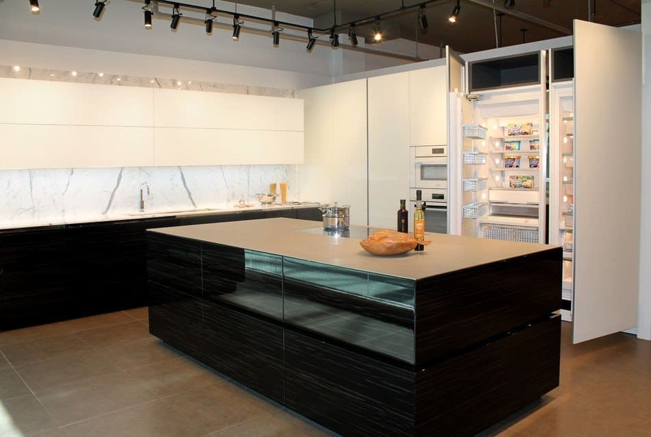black and white kitchen by eggersmann features tons of hidden storage as seen at eggersmann florida showroom