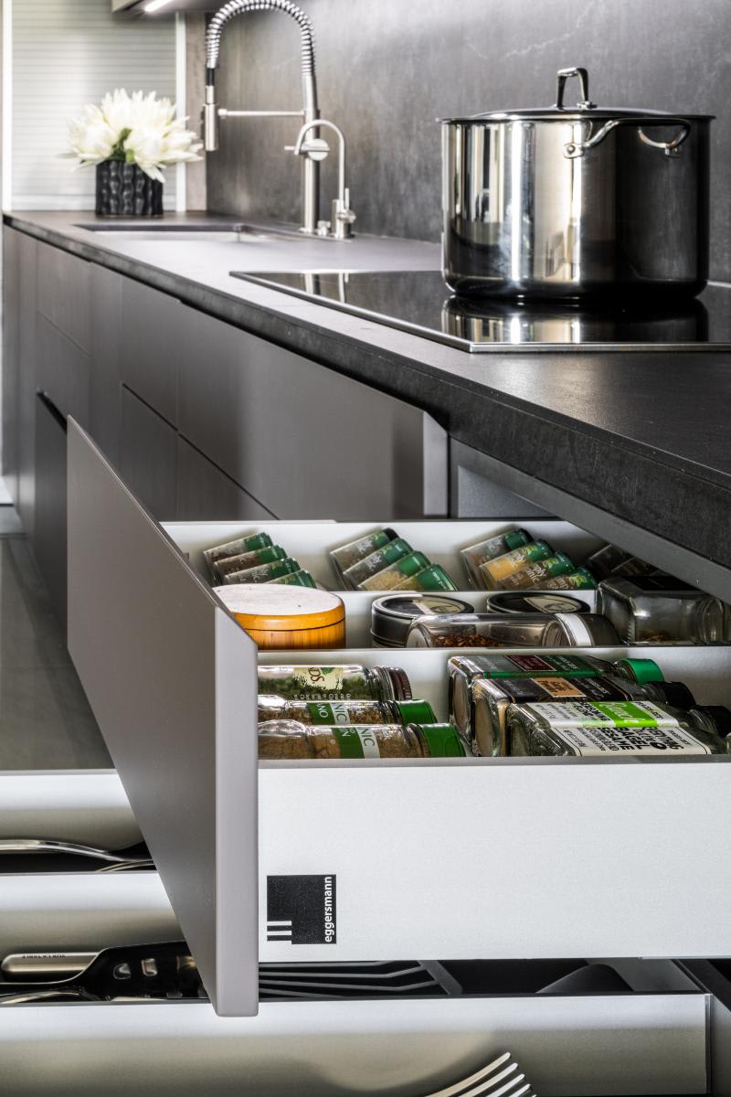 boxtec luxury drawer organizers of an eggersmann-designed luxury mid-rise kitchen in mizner grand condos in boca raton florida