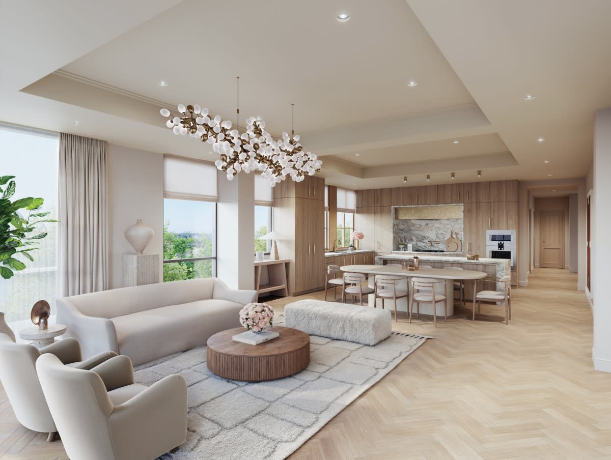 living room overlooking luxury kitchen designed by eggersmann for the chaucer mid-rise tower in rice village in houston tx