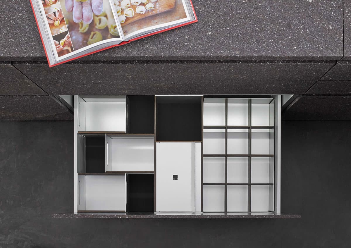 boxtec Smoked Oak storage bins, paper towel dispenser, bottle grid storage