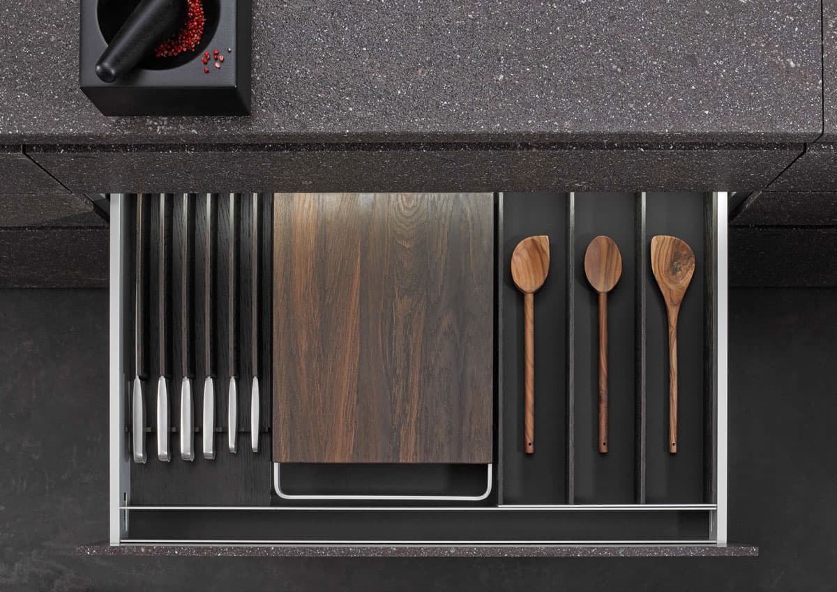 boxtec Smoked Oak cutting board with handles, knife block, utensil storage