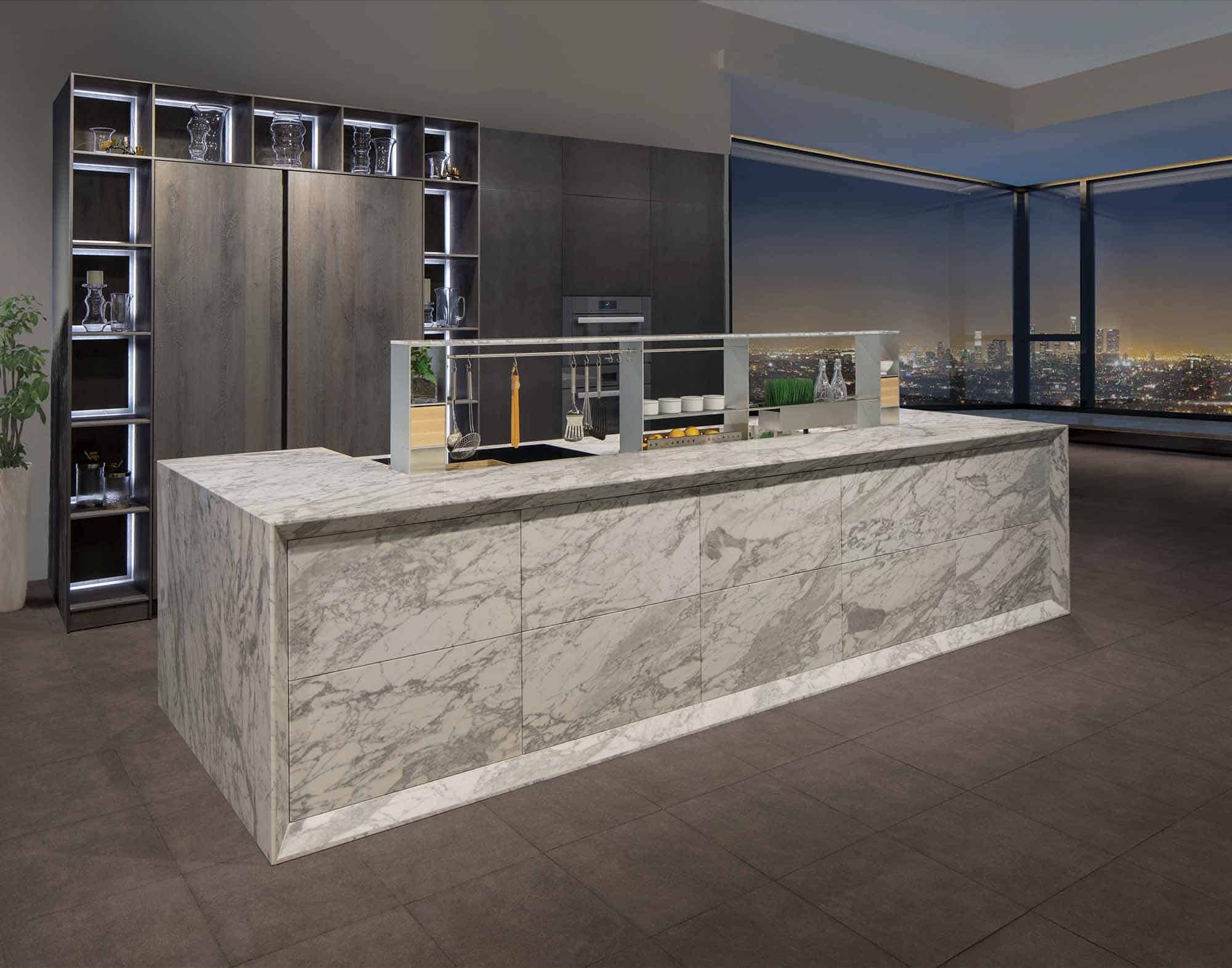 unique cabinetry series in Barrel Oak Silver Grey Oiled finish with Sydney metal decor steel dark with FRAME7 detail on the edges of the island in Arabescato Marble