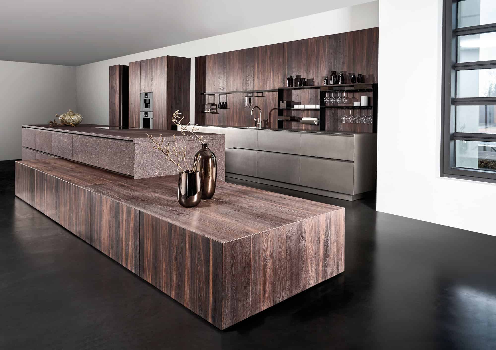 2-tiered stone and wood kitchen island