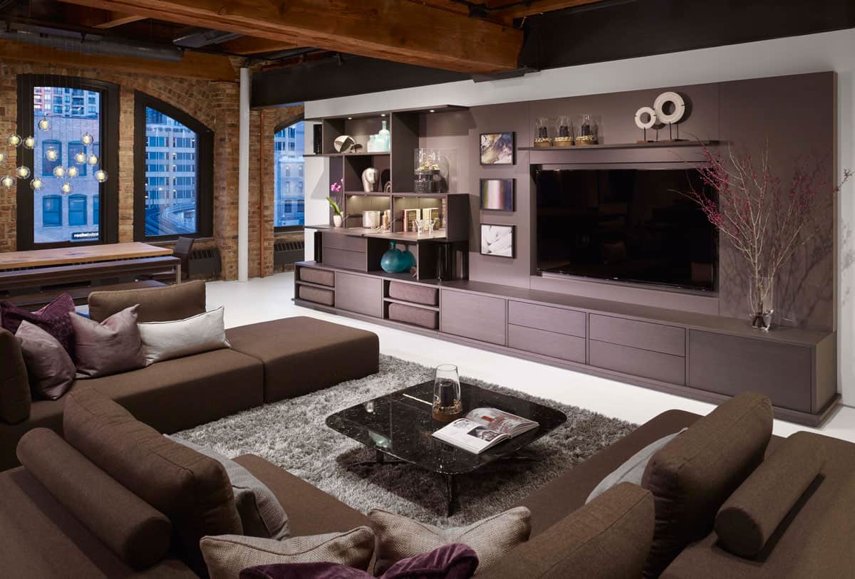 media room with custom designed built-in for electronics and art displays by eggersmann
