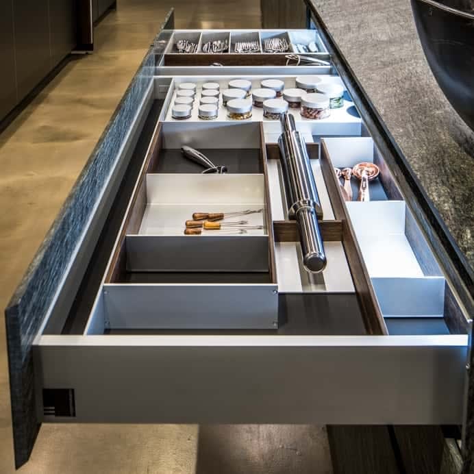 boxtec in Smoked Oak and aluminum spice storage, rolling pin and adjustable dividers