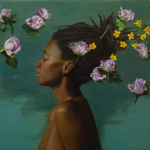 michael van artwork of a womanwith flowers floating around her head featured in the eggersmann showroom during the chicago rndd gallery walk 2019