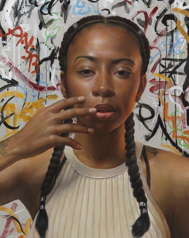 bruno surd michael artwork of a woman joining the "me too" movement featured in the eggersmann showroom during the chicago rndd gallery walk 2019