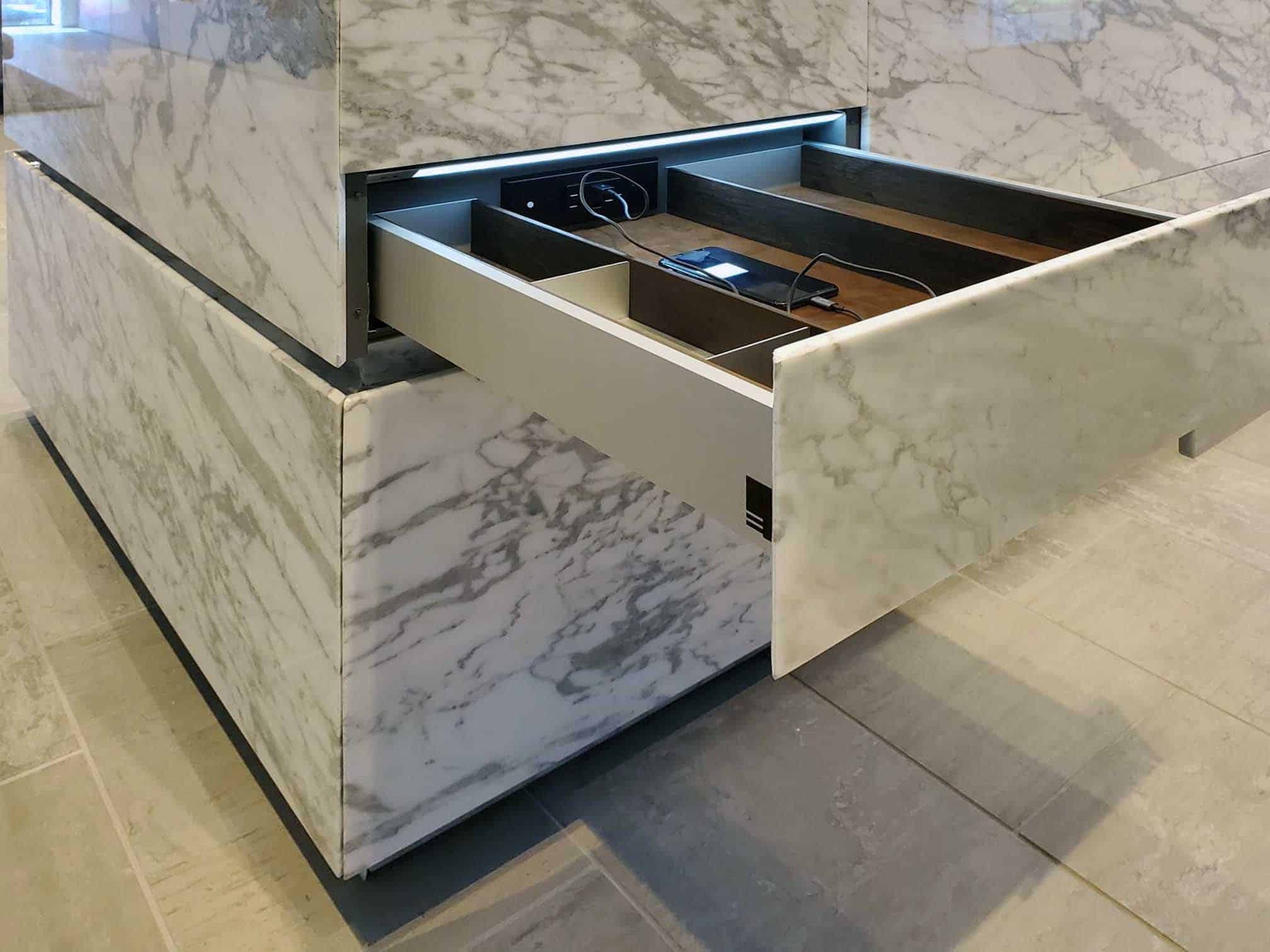 eggersman boxtec drawer organization for in-drawer electrical outlet for charging electronics